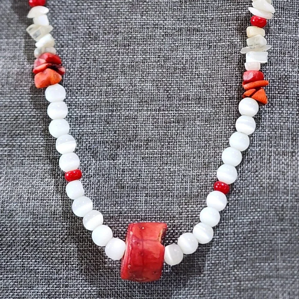 MCM White Abalone Mother of Pearl and Red Natural Stone Beaded Necklace